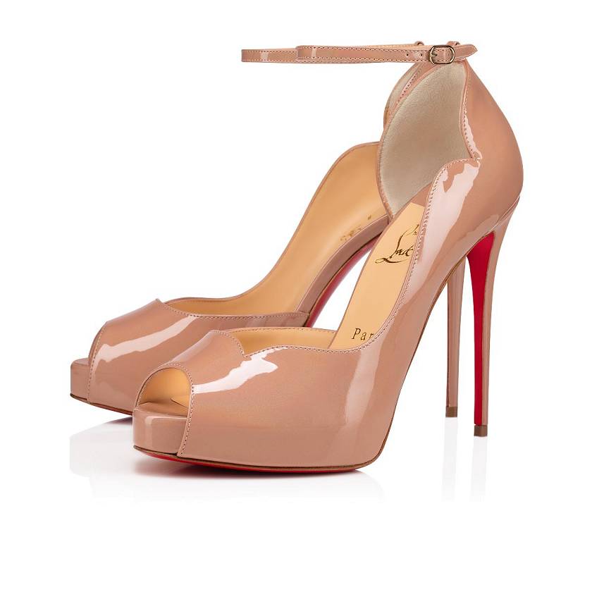 Women's Christian Louboutin Round Chick Alta 120mm Patent Leather Peep Toe Pumps - Nude [7460-382]
